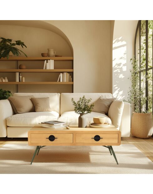 HABY - Table basse 2 tiroirs pin couleur naturelle pieds métal vert