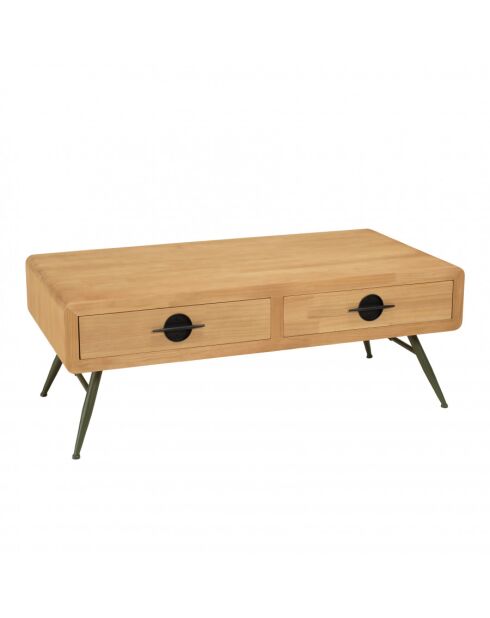 HABY - Table basse 2 tiroirs pin couleur naturelle pieds métal vert