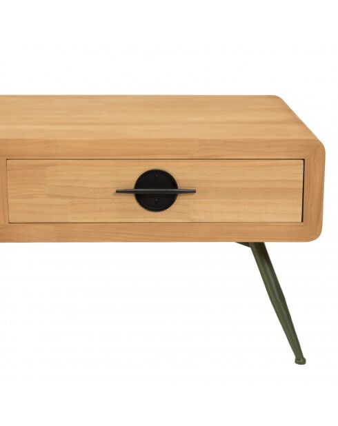 HABY - Table basse 2 tiroirs pin couleur naturelle pieds métal vert