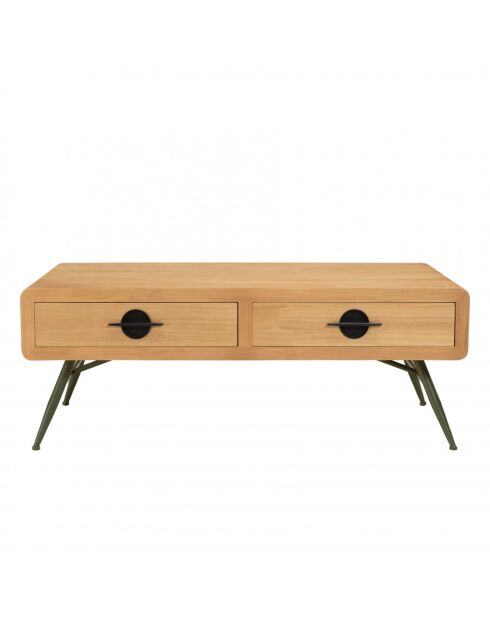 HABY - Table basse 2 tiroirs pin couleur naturelle pieds métal vert
