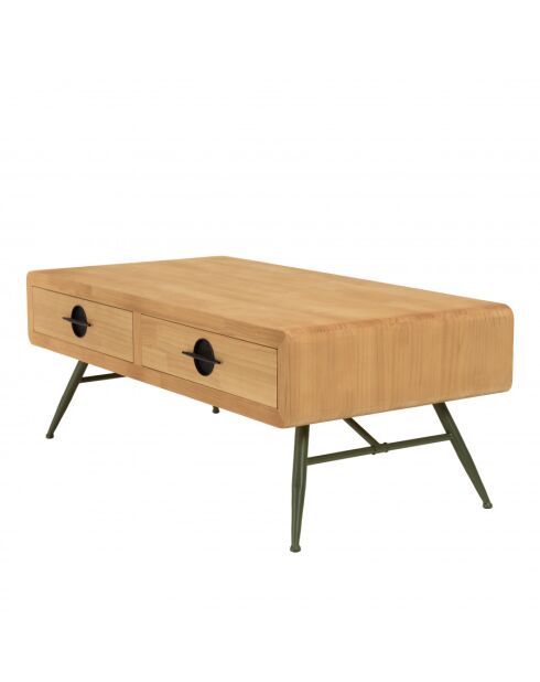 HABY - Table basse 2 tiroirs pin couleur naturelle pieds métal vert