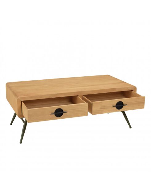 HABY - Table basse 2 tiroirs pin couleur naturelle pieds métal vert