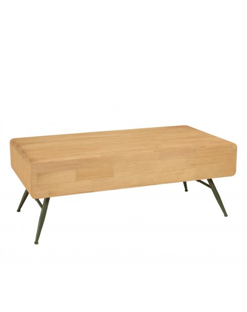 Table basse 2 tiroirs pin couleur naturelle pieds métal vert