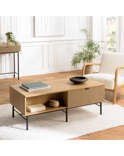 Table basse 2 tiroirs décor effet bois rainuré noir/naturel SCOTT