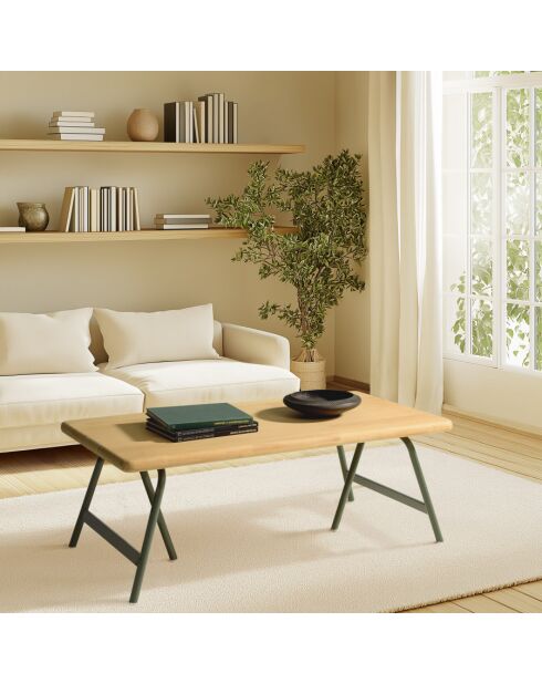 Table basse plateau en pin et pieds tréteaux en métal vert