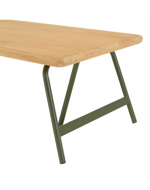 Table basse plateau en pin et pieds tréteaux en métal vert