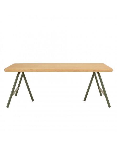 Table basse plateau en pin et pieds tréteaux en métal vert