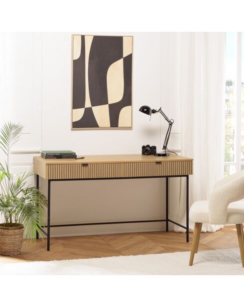 SCOTT - Bureau 2 tiroirs décor effet bois rainuré noir et naturel
