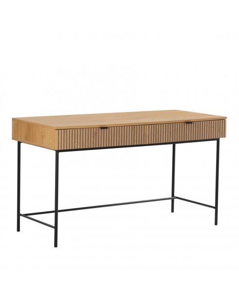SCOTT - Bureau 2 tiroirs décor effet bois rainuré noir et naturel