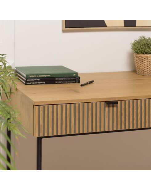 SCOTT - Bureau 2 tiroirs décor effet bois rainuré noir et naturel