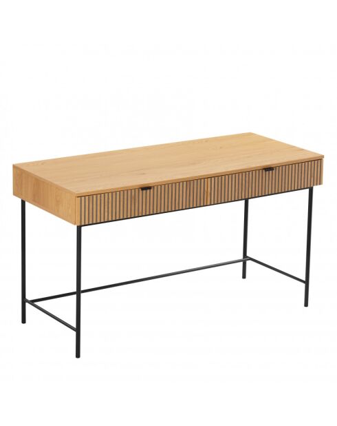 SCOTT - Bureau 2 tiroirs décor effet bois rainuré noir et naturel