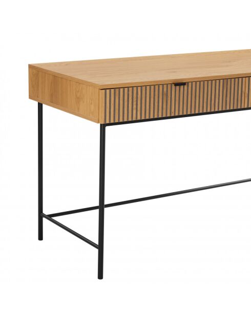 SCOTT - Bureau 2 tiroirs décor effet bois rainuré noir et naturel