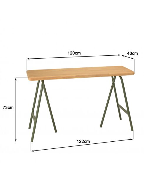 HABY - Console plateau en pin et pieds tréteaux en métal vert