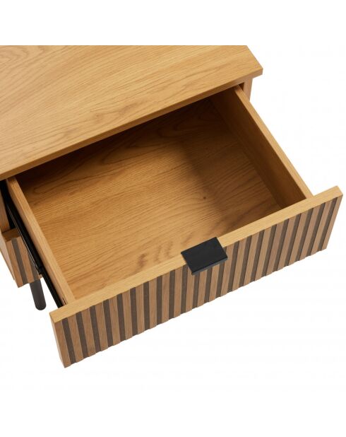 Chevet 2 tiroirs décor effet bois rainuré noir et naturel SCOTT