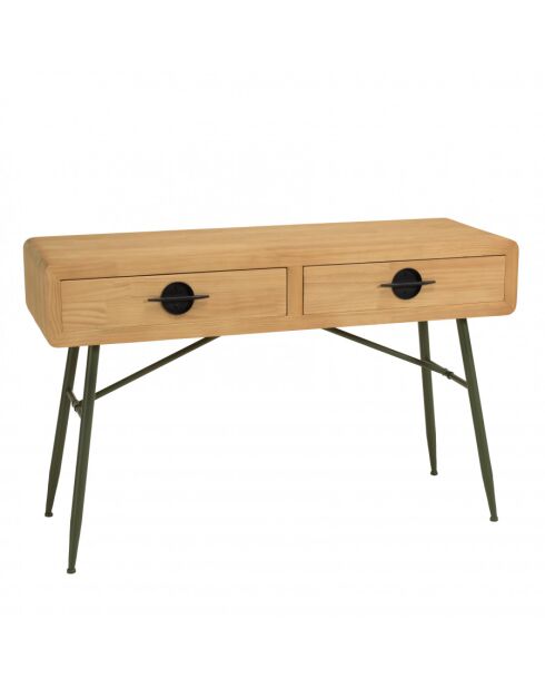 HABY - Console 2 tiroirs en pin couleur naturelle et pieds métal vert