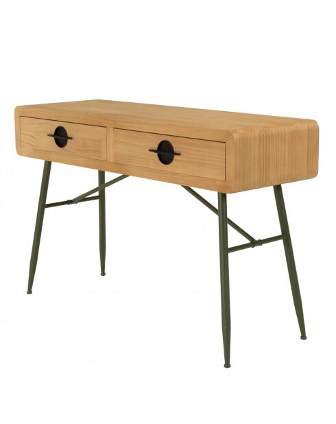 Console 2 tiroirs en pin couleur naturelle et pieds métal vert