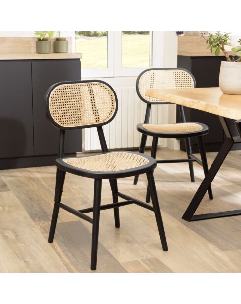 PIERRE - Lot de 2 chaises bois noir, assise et dossier en rotin naturel