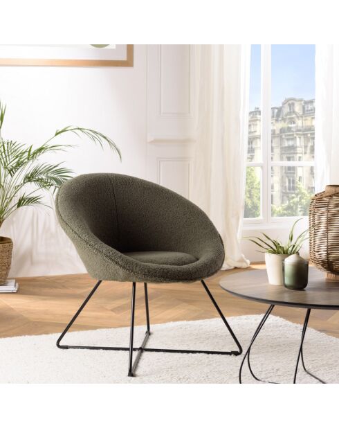 ALBANE - Fauteuil tissu bouclette vert kaki pieds croisés métal noir