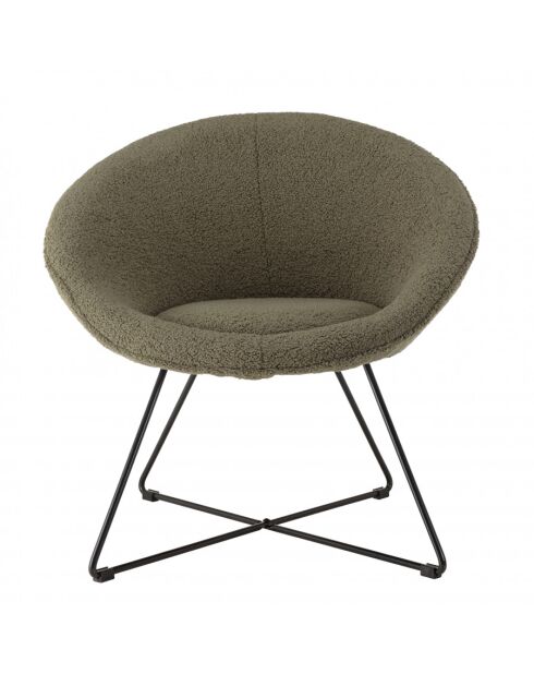 ALBANE - Fauteuil tissu bouclette vert kaki pieds croisés métal noir