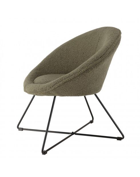 ALBANE - Fauteuil tissu bouclette vert kaki pieds croisés métal noir