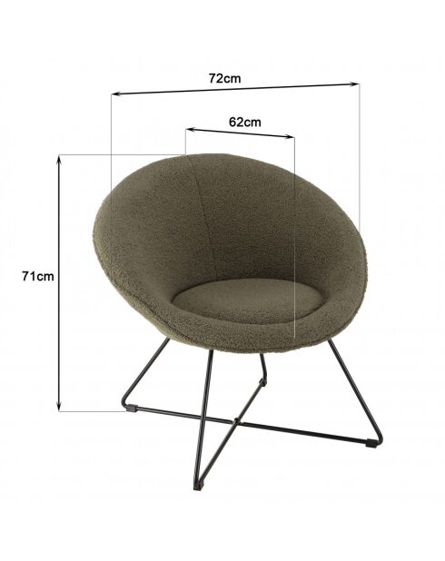 ALBANE - Fauteuil tissu bouclette vert kaki pieds croisés métal noir