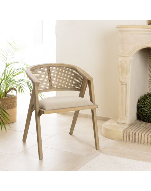 PIERRE - Chaise en bois assise tissu couleur lin dossier rotin naturel