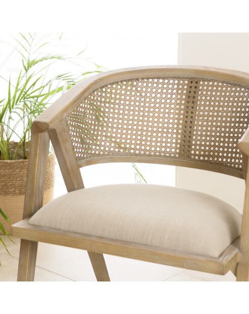PIERRE - Chaise en bois assise tissu couleur lin dossier rotin naturel