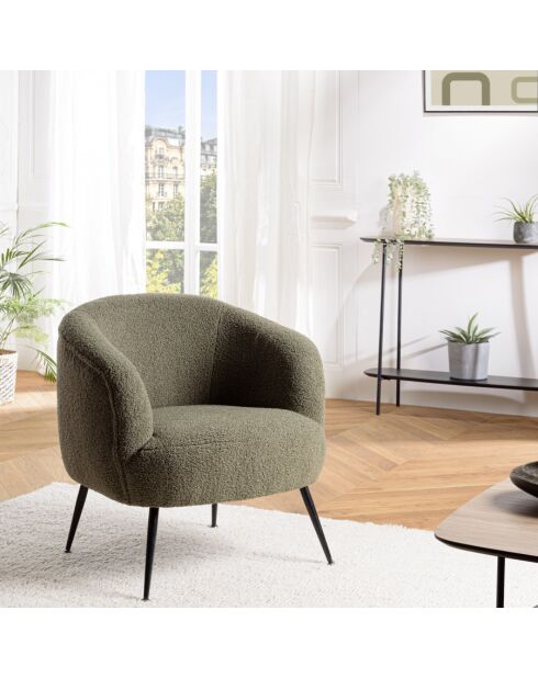 ALBANE - Fauteuil cosy tissu bouclette vert kaki pieds métal noir