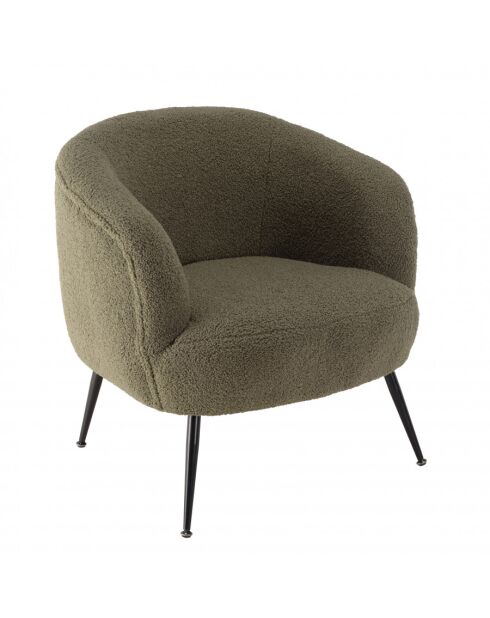 ALBANE - Fauteuil cosy tissu bouclette vert kaki pieds métal noir