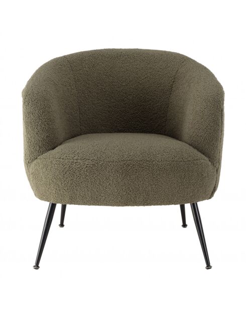 ALBANE - Fauteuil cosy tissu bouclette vert kaki pieds métal noir