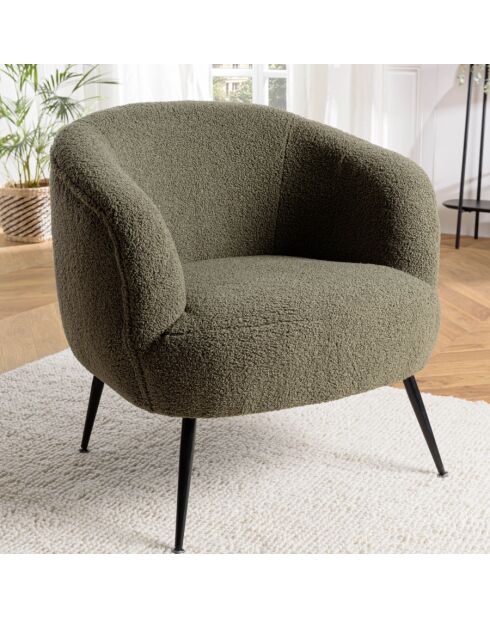 ALBANE - Fauteuil cosy tissu bouclette vert kaki pieds métal noir