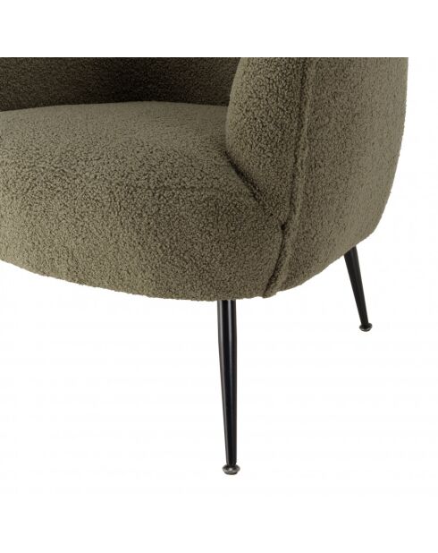 ALBANE - Fauteuil cosy tissu bouclette vert kaki pieds métal noir