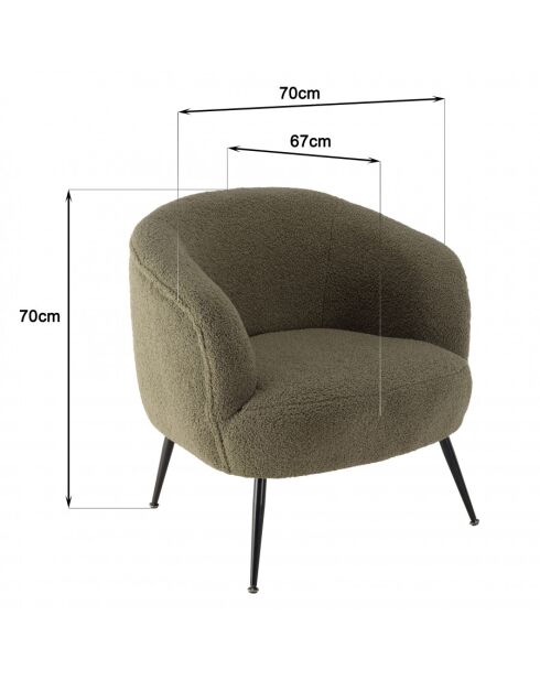 ALBANE - Fauteuil cosy tissu bouclette vert kaki pieds métal noir