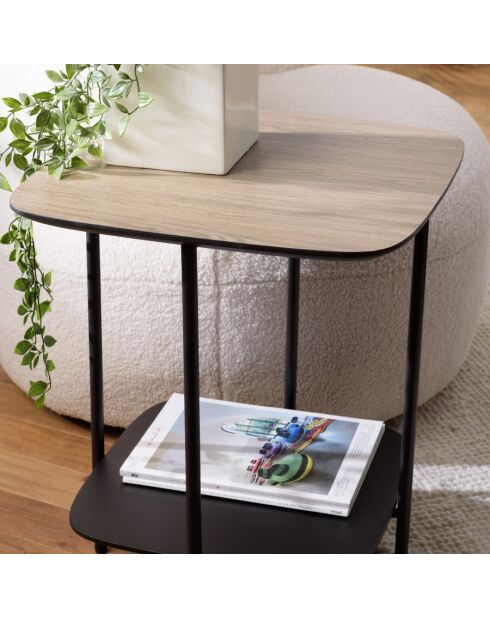 FLEUR - Table d'appoint 2 plateaux bi-matière mocha/noir pieds métal