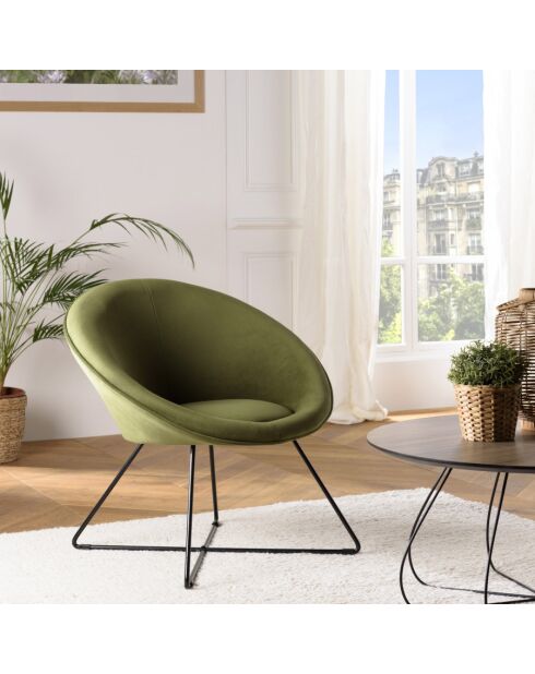 ALBANE - Fauteuil tissu velours vert olive pieds croisés métal noir