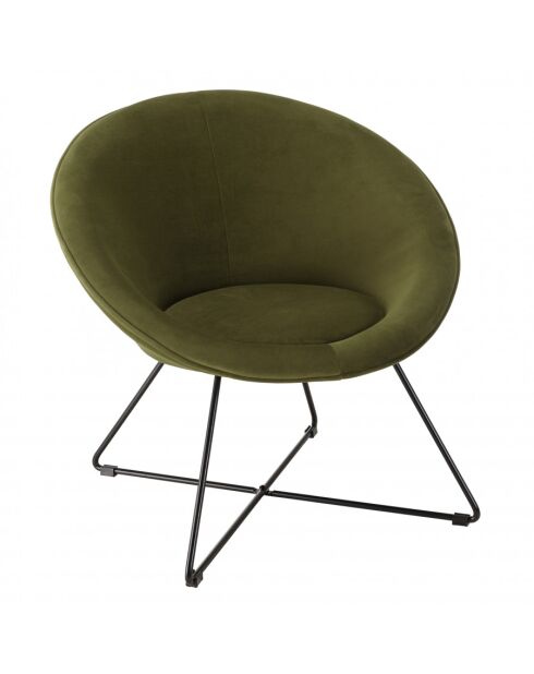 ALBANE - Fauteuil tissu velours vert olive pieds croisés métal noir