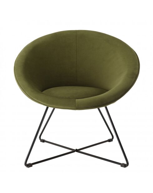 ALBANE - Fauteuil tissu velours vert olive pieds croisés métal noir