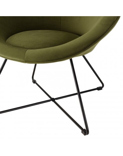 ALBANE - Fauteuil tissu velours vert olive pieds croisés métal noir