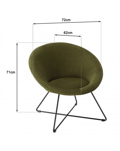 ALBANE - Fauteuil tissu velours vert olive pieds croisés métal noir