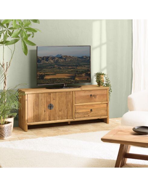 ANDRIAN - Meuble TV 2 tiroirs 2 portes, longueur 155cm bois pin recyclé