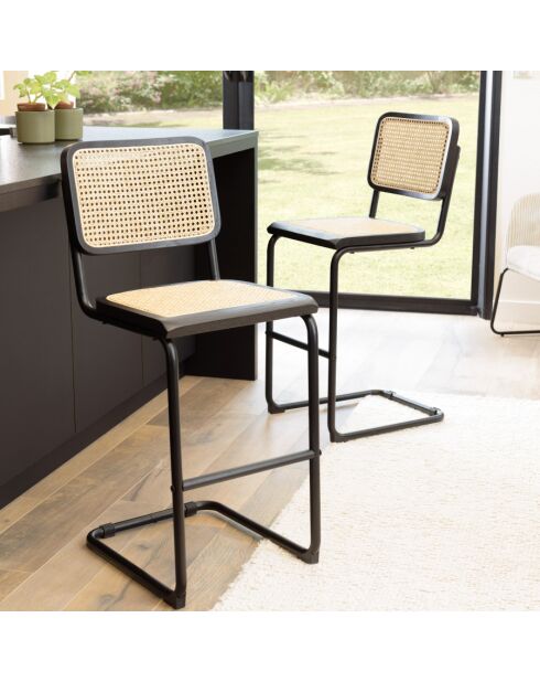PIERRE - Lot de 2 tabourets d'ilot bois noir/rotin naturel pieds métal
