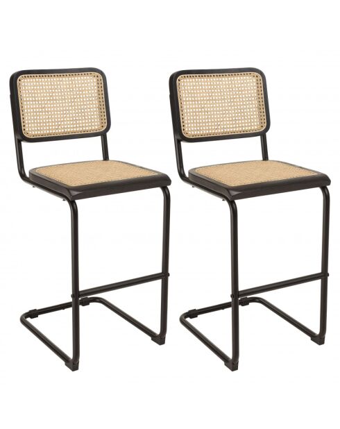 PIERRE - Lot de 2 tabourets d'ilot bois noir/rotin naturel pieds métal