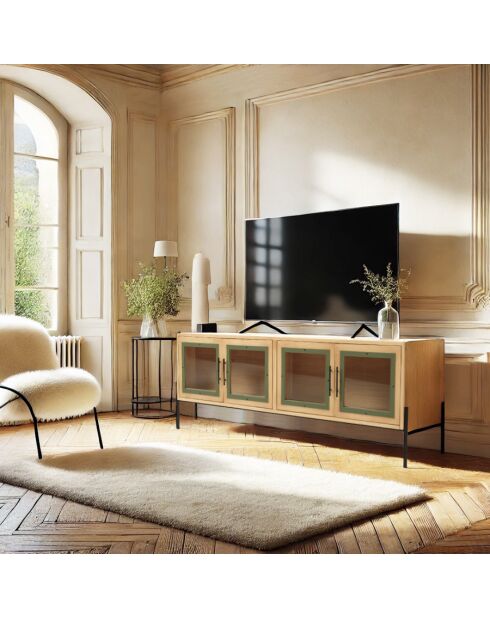 HABY - Meuble TV 4 portes vitrées encadrement vert pin et métal noir
