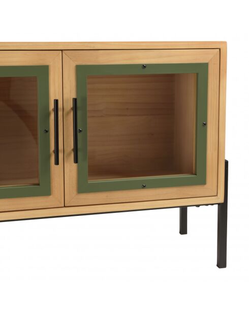 HABY - Meuble TV 4 portes vitrées encadrement vert pin et métal noir