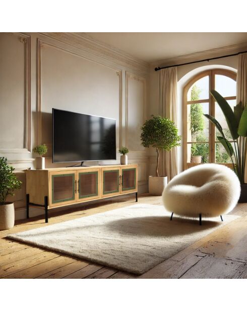 HABY - Meuble TV 4 portes vitrées encadrement vert pin et métal noir