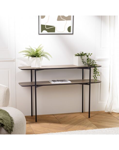 FLEUR - Console double plateau 120x33cm couleur mocha pieds métal noir