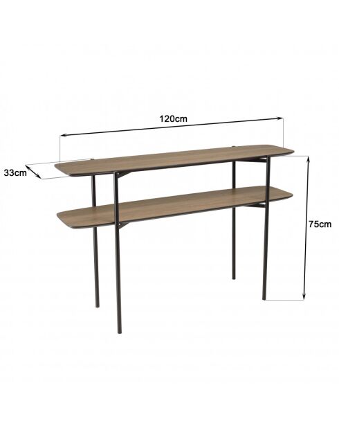 FLEUR - Console double plateau 120x33cm couleur mocha pieds métal noir