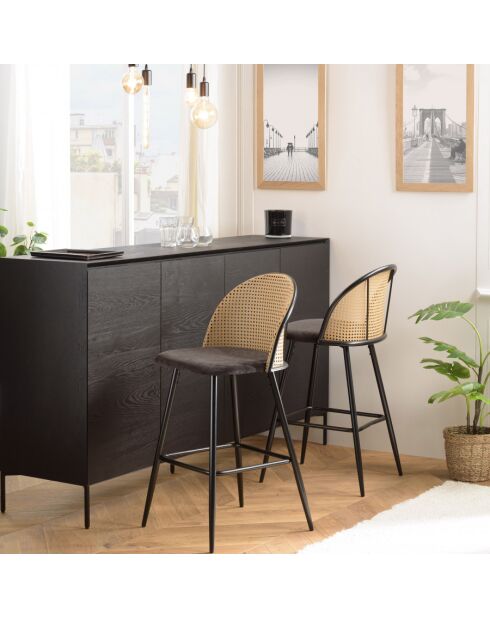 LEA - Lot de 2 tabourets d'ilot assise tissu noir dossier effet cannage