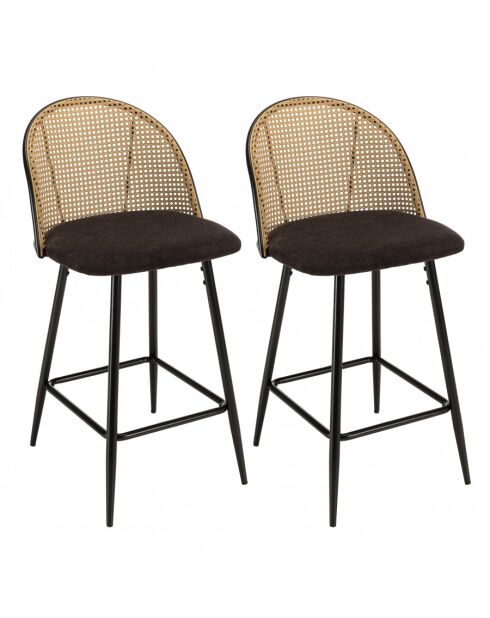 LEA - Lot de 2 tabourets d'ilot assise tissu noir dossier effet cannage
