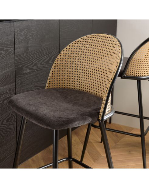 LEA - Lot de 2 tabourets d'ilot assise tissu noir dossier effet cannage